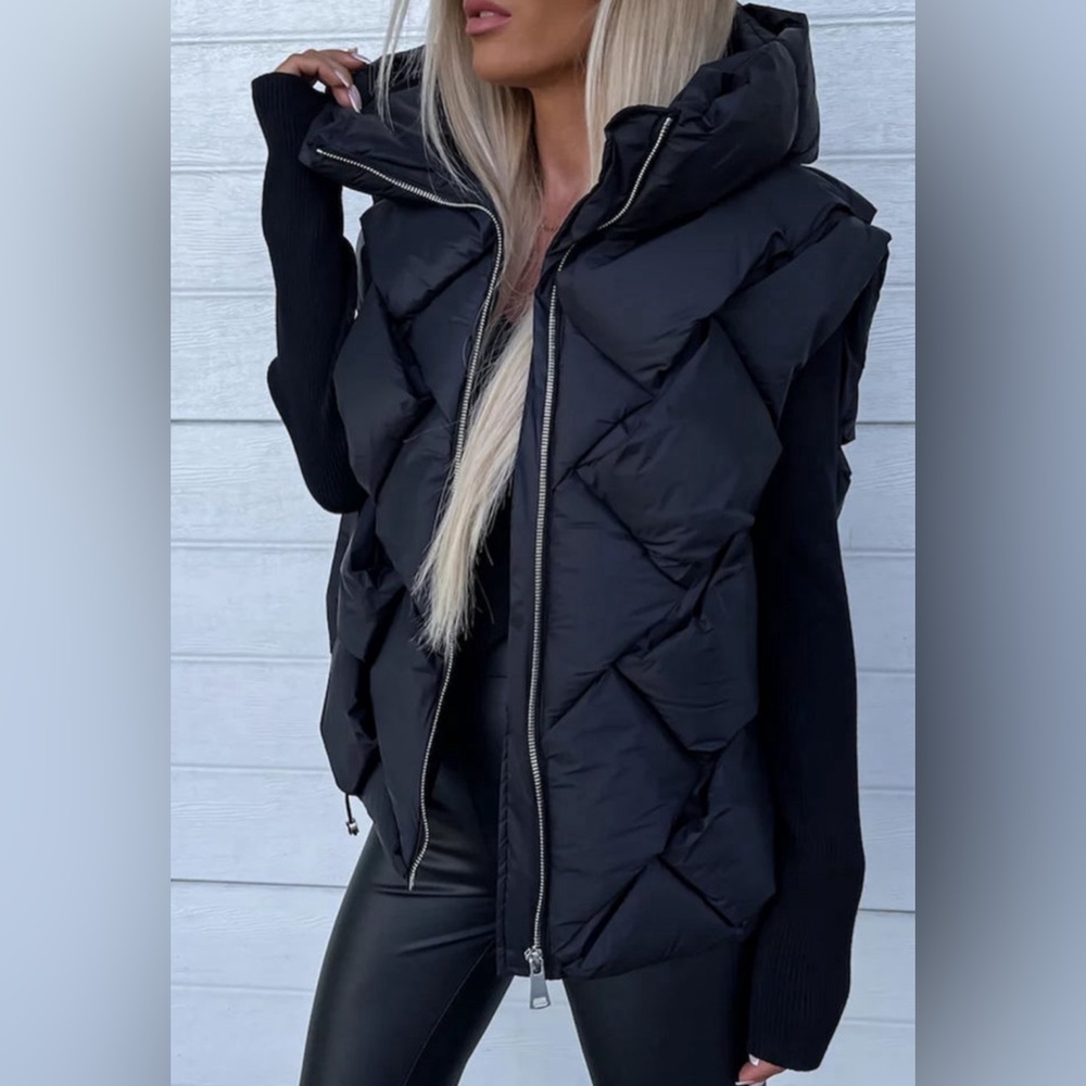 Black quilted zipper front hooded vest coat